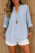 Wearbella – Striped V-Neck Roll-Sleeve Asymmetric Hem Top