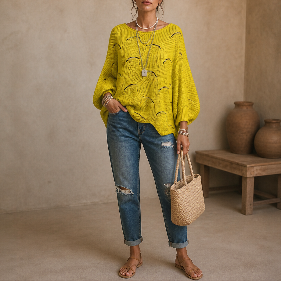 Wavelune – Openwork Wave-Knit Batwing Sweater