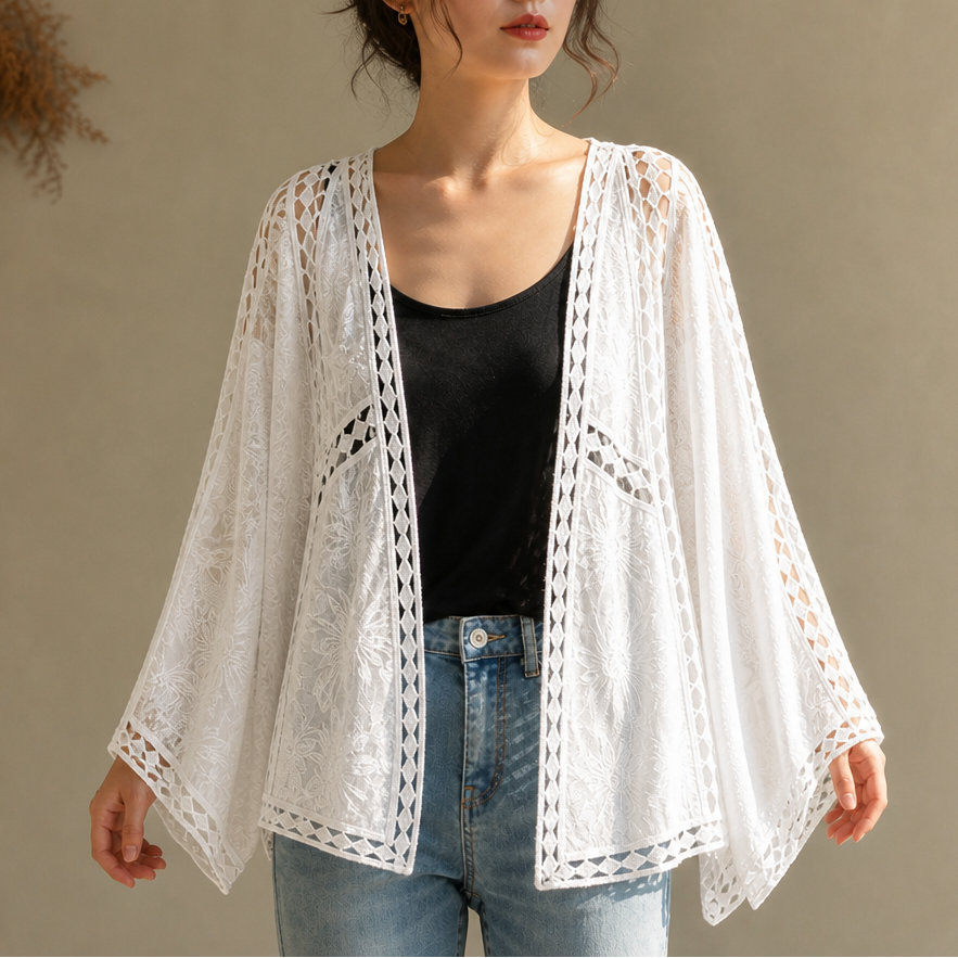 Wearbella – Crochet Trim Open-Front Cardigan