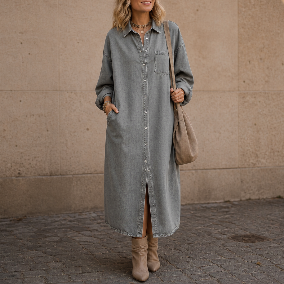 Wearlyn – Oversized Button-Front Denim Look Shirt Dress