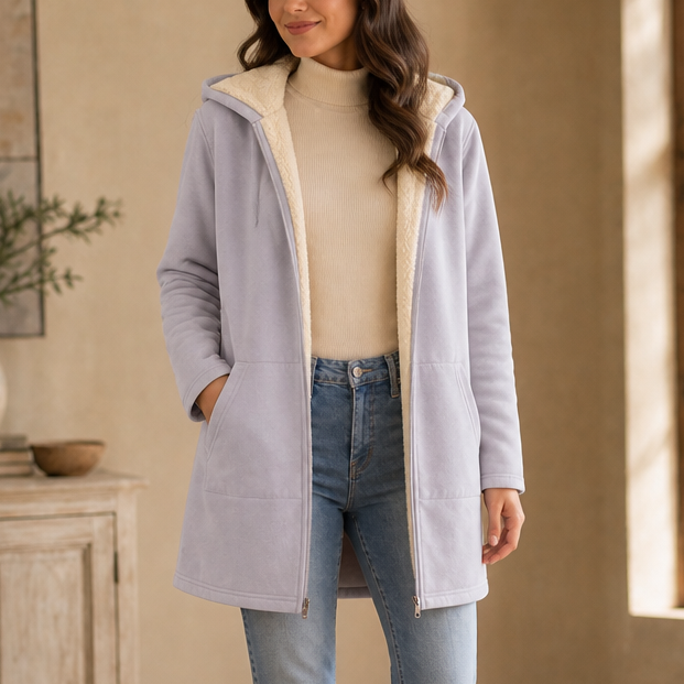Cozelle – Fleece-Lined Look Hooded Mid-Length Jacket