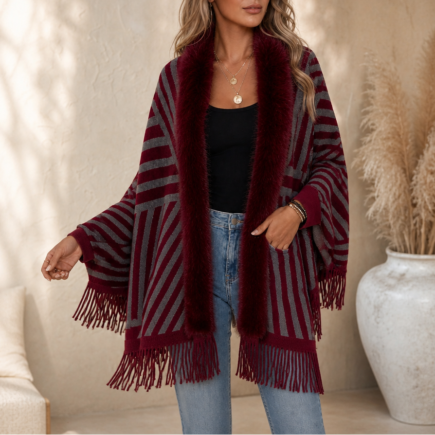 Velmora – Fringed Faux Fur Poncho Cardigan