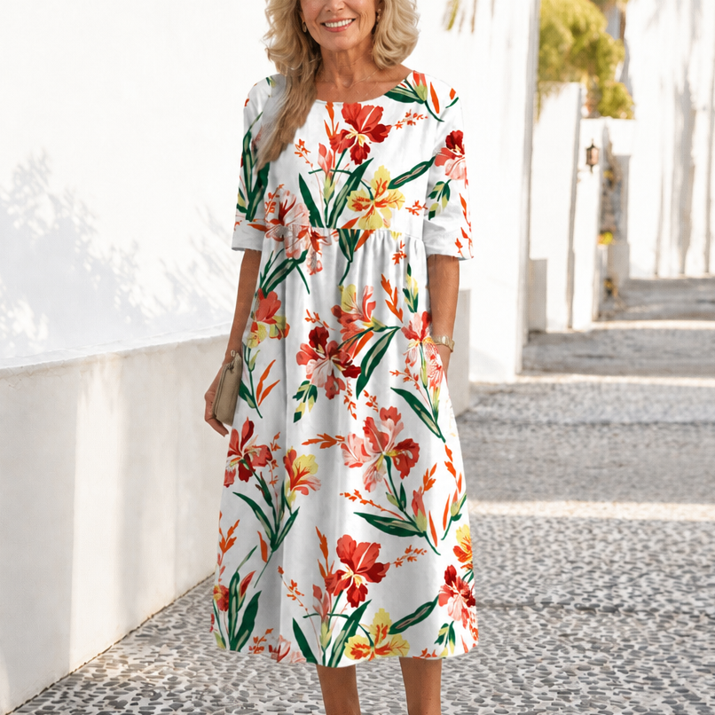 Wearbella – Floral Print Round-Neck Midi Dress