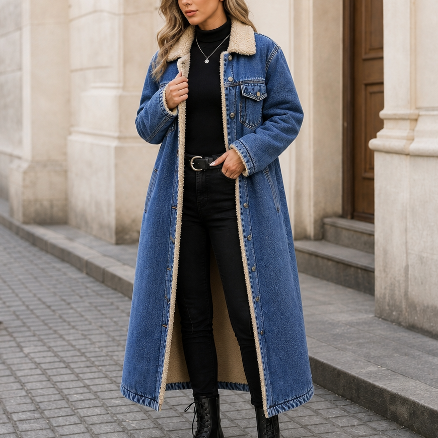 Denora – Sherpa-Lined Full-Length Denim Coat