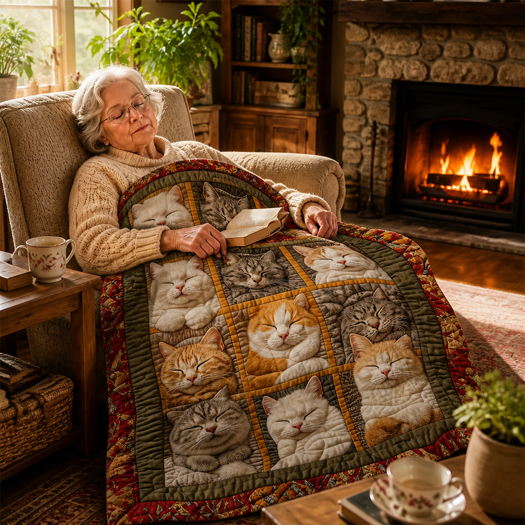 Purrfecto – Nine-Panel Sleeping Cats Reversible Flannel Throw