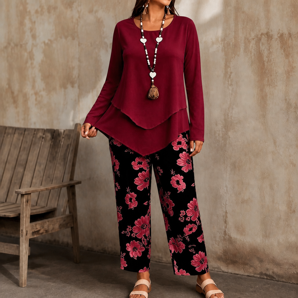 Wearbella – Double-Layer Top And Floral Wide-Leg Pants Set