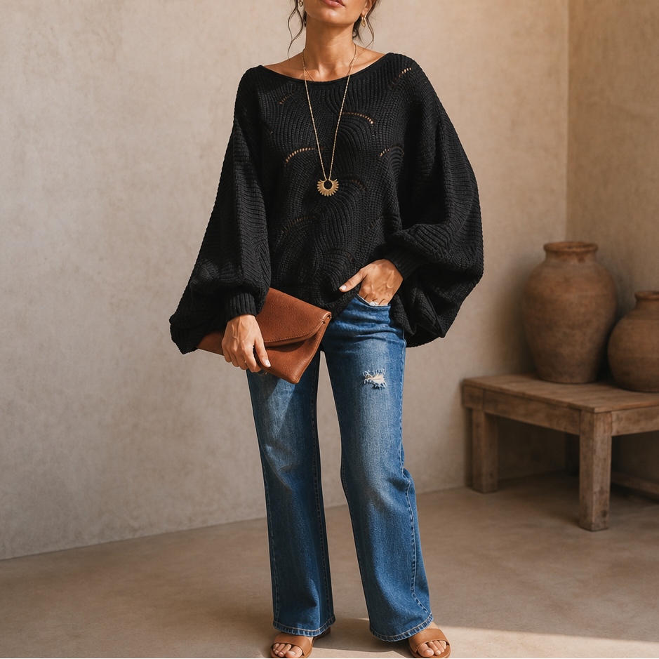 Wavelune – Openwork Wave-Knit Batwing Sweater