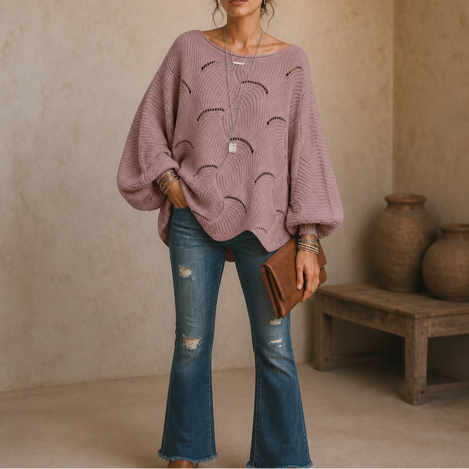 Wavelune – Openwork Wave-Knit Batwing Sweater