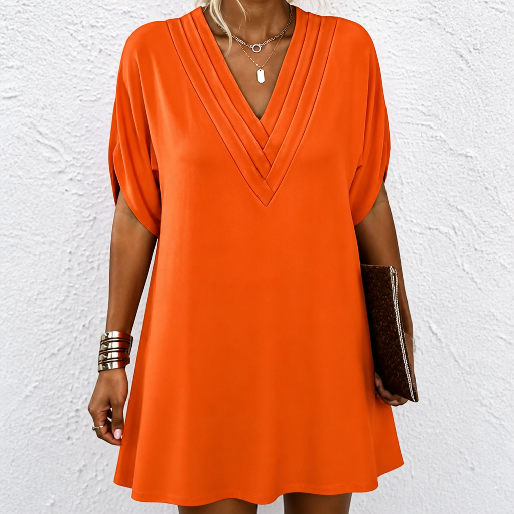 Wearbella – Pleated V-Neck Batwing Sleeve Mini Dress