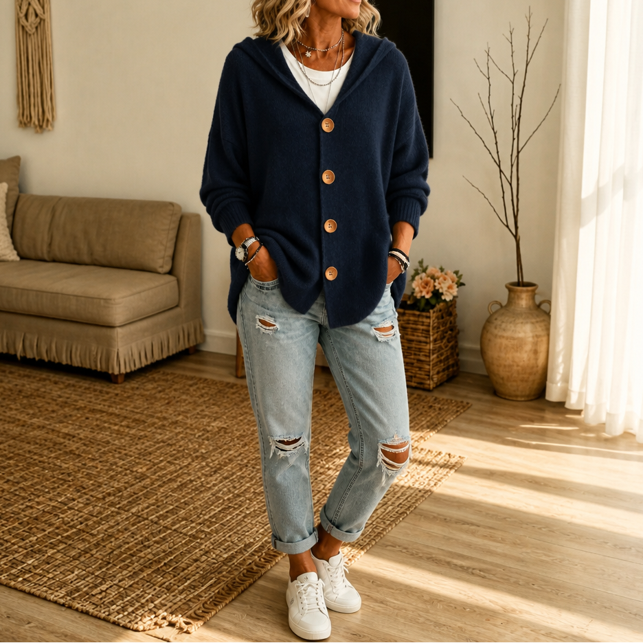 Wearbella – Hooded Waffle-Knit Button-Front Cardigan