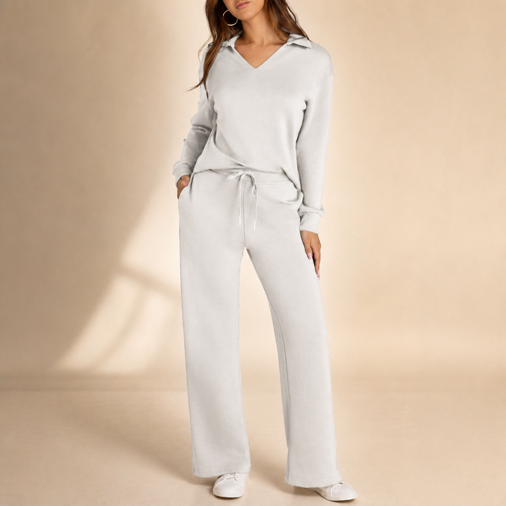Softline – V-Neck Knit Top And Wide-Leg Pants Set