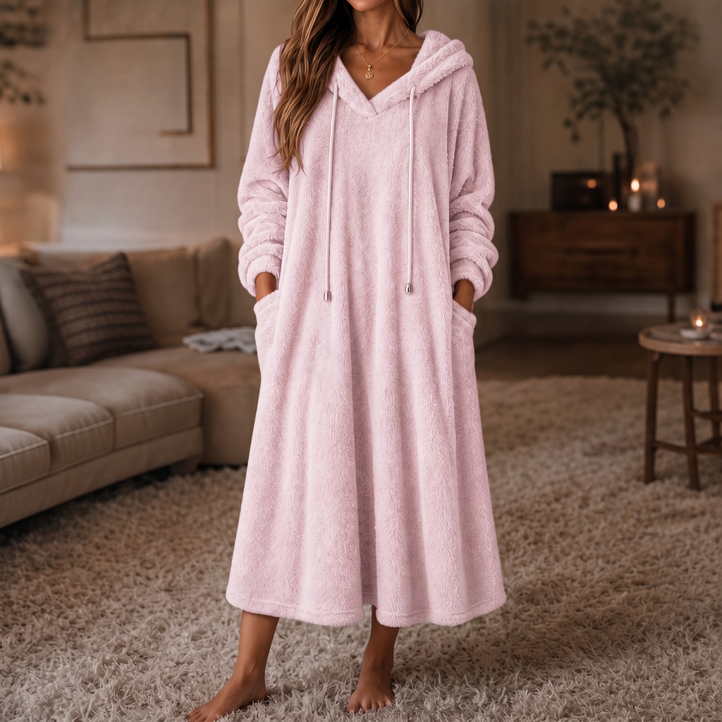 Wrapelle – Hooded Plush A-Line Maxi Lounge Dress