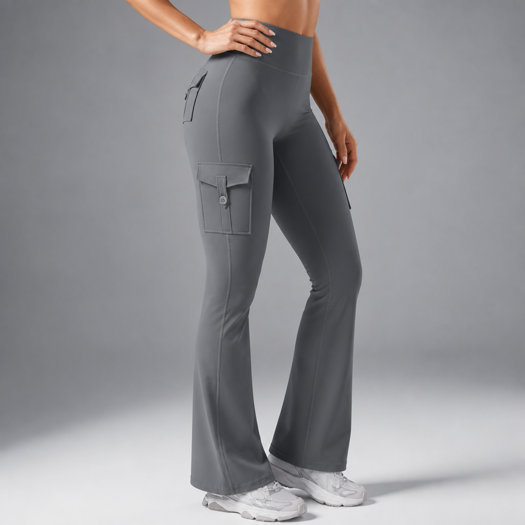 Curvana – High-Waisted Ruched Flare Cargo Leggings