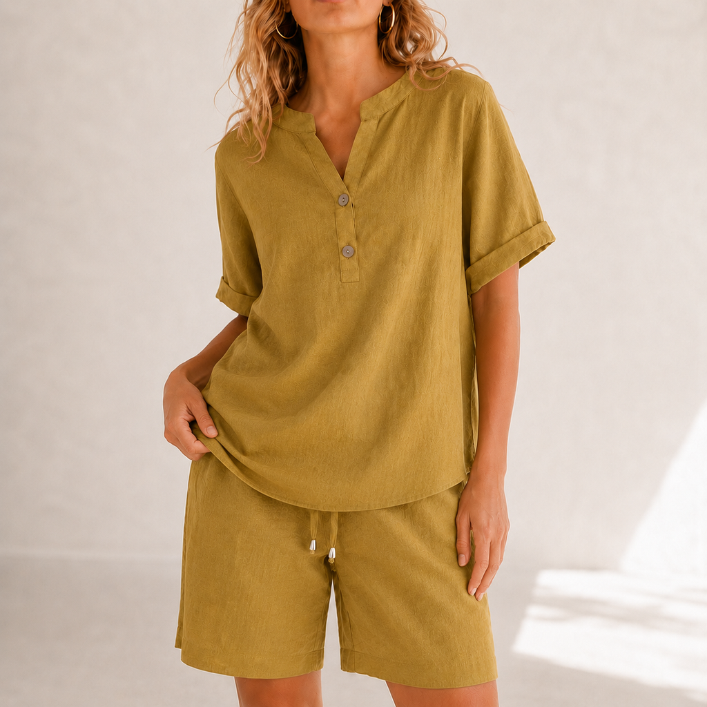 Lunessa – Cotton Linen 2 Piece Set Women Henley Top and Drawstring Shorts