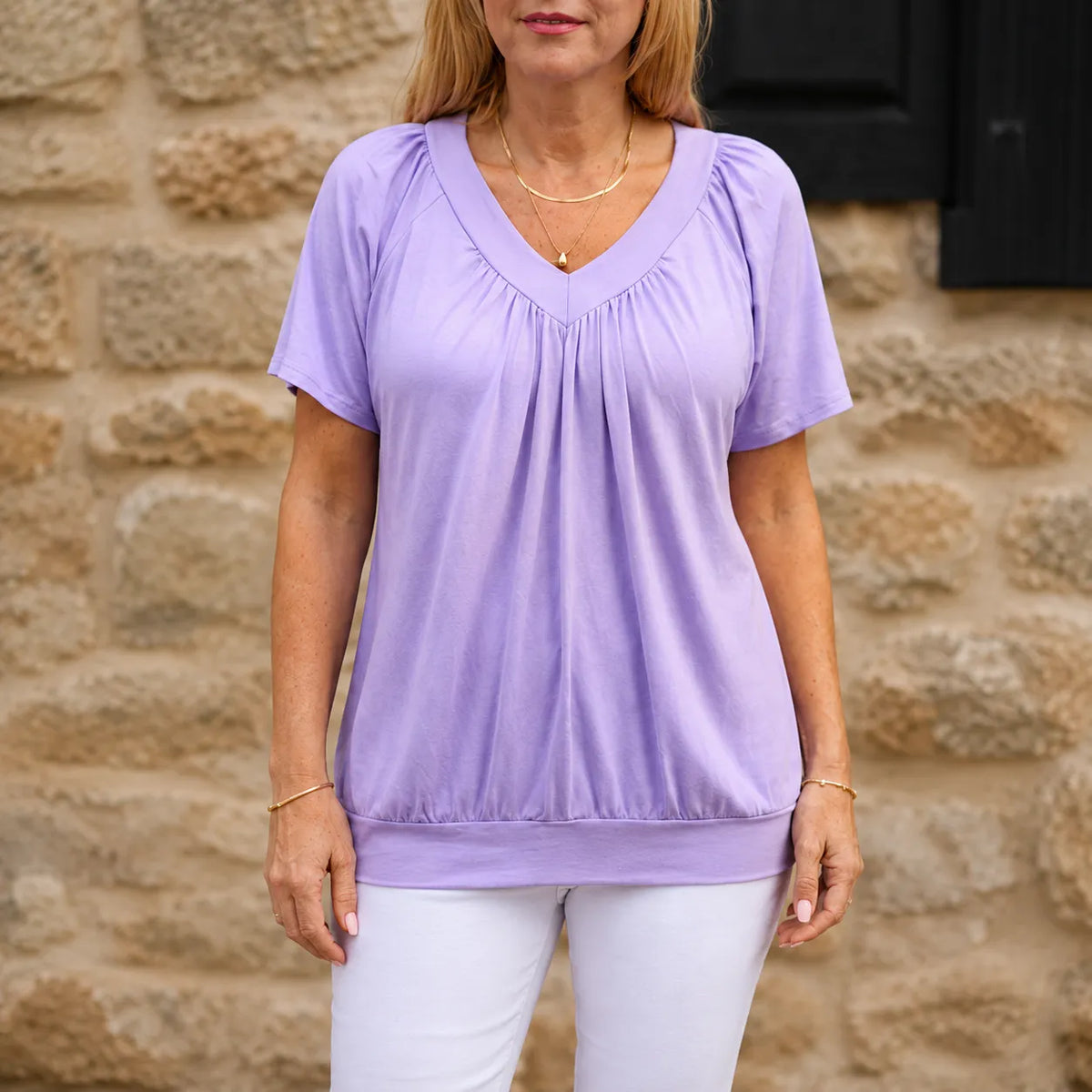 Velora – Pleated V-Neck Tunic Top for Women, Soft Drape Casual Blouse