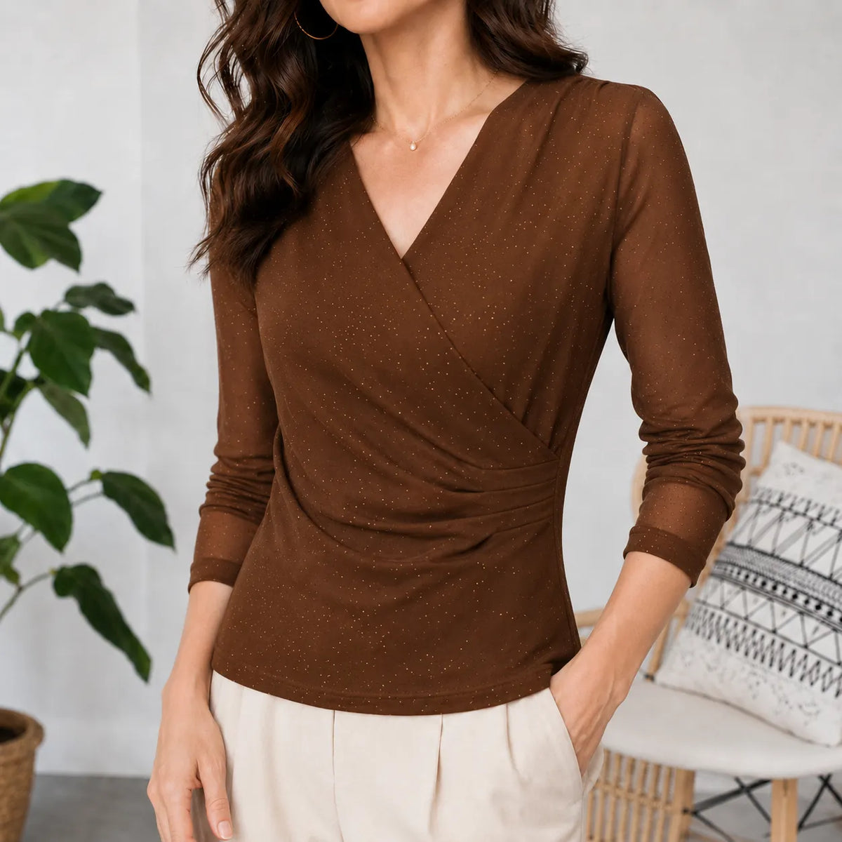 Solavia – Sparkle Ruched Crossover V-Neck Top with Sheer Mesh Sleeves