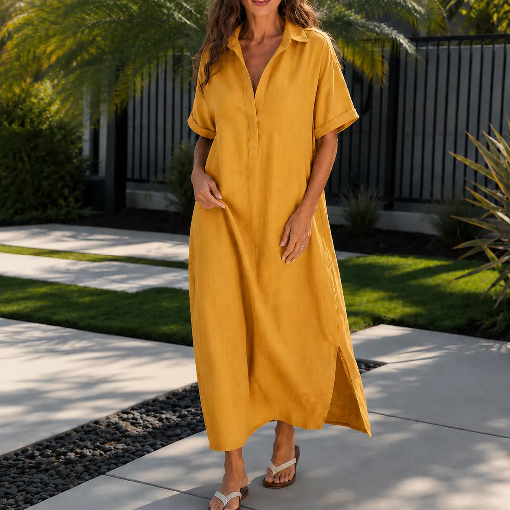 Solventa – Women's Linen-Look Maxi Shirt Dress with Pockets
