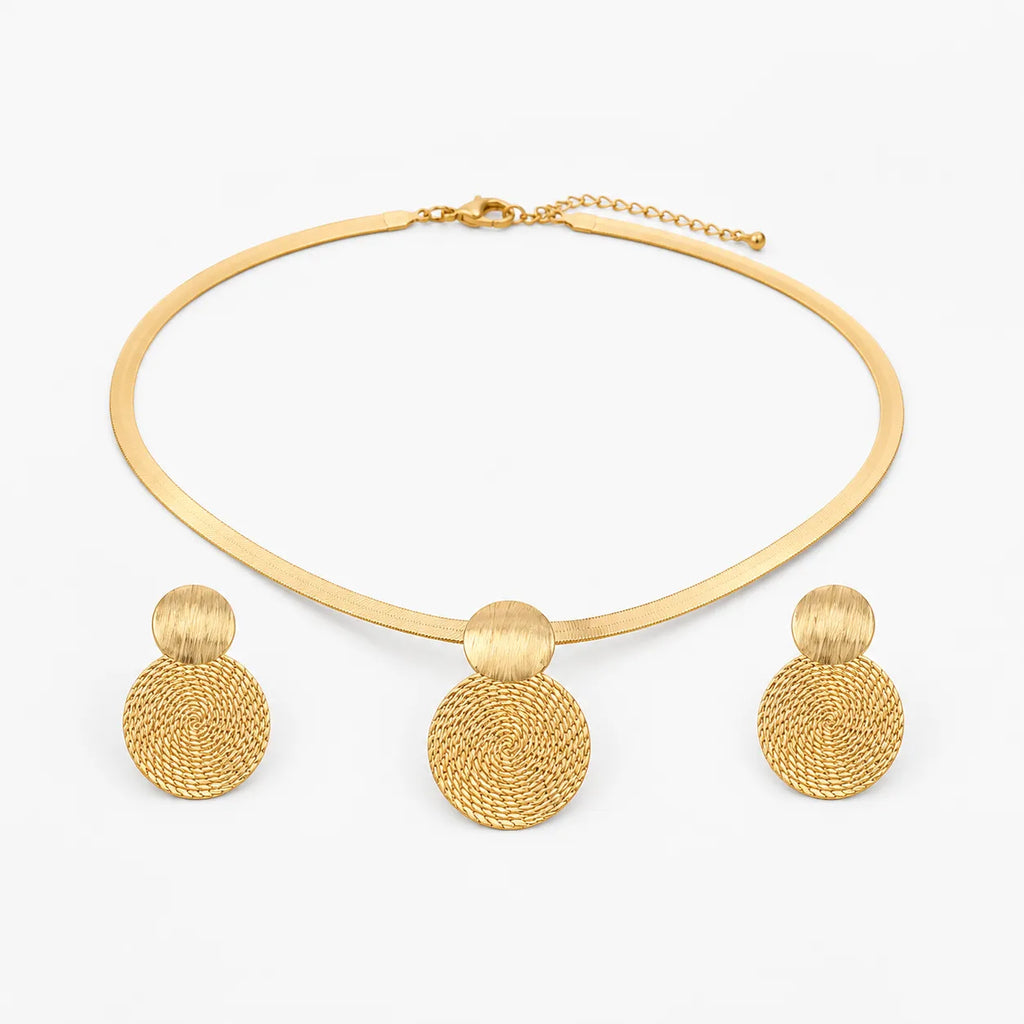 Aurenza – Gold necklace and earring set, textured medallion, flat snake chain