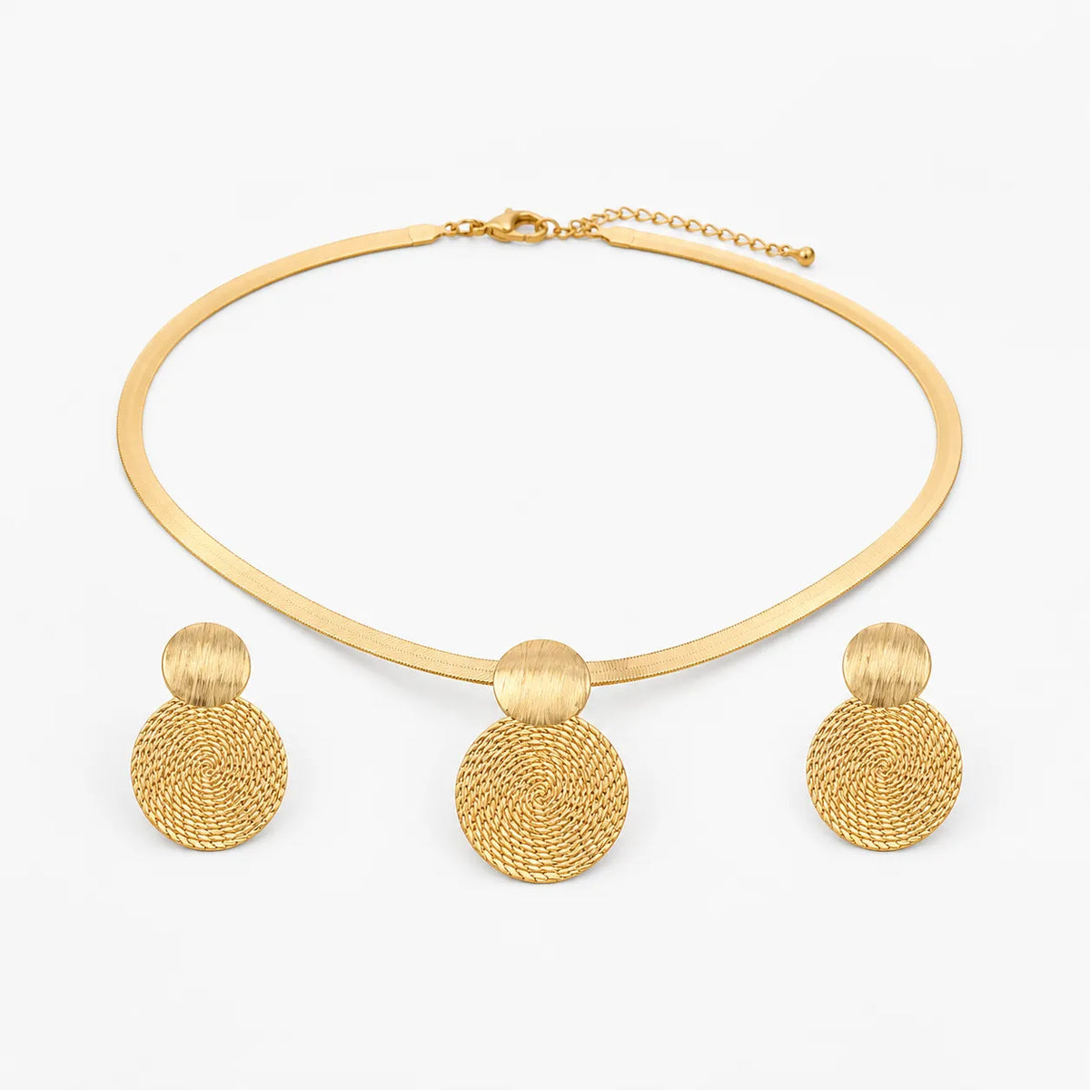 Aurenza – Gold necklace and earring set, textured medallion, flat snake chain