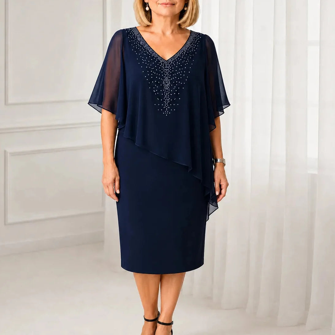Velora – Rhinestone Look V-Neck Chiffon Like Cape Midi Dress