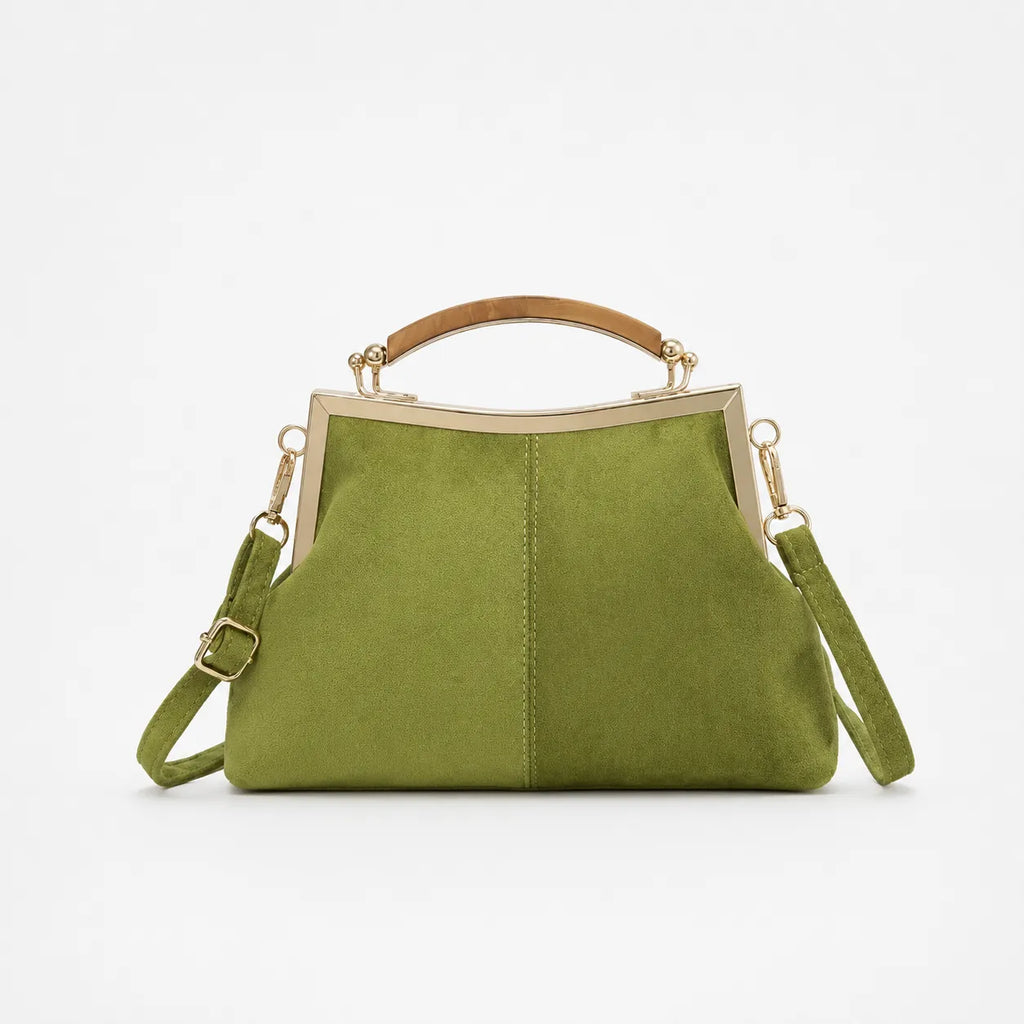 Marelli – Suede-look shell bag with gold tone-frame clasp and crossbody strap