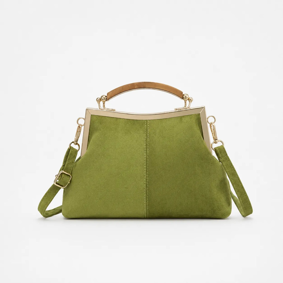 Marelli – Suede-look shell bag with gold tone-frame clasp and crossbody strap