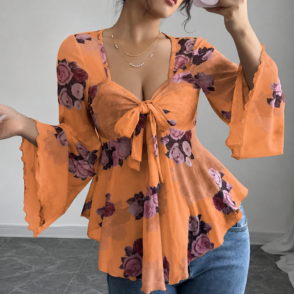 Roselyn – Floral tie-front bell sleeve mesh blouse