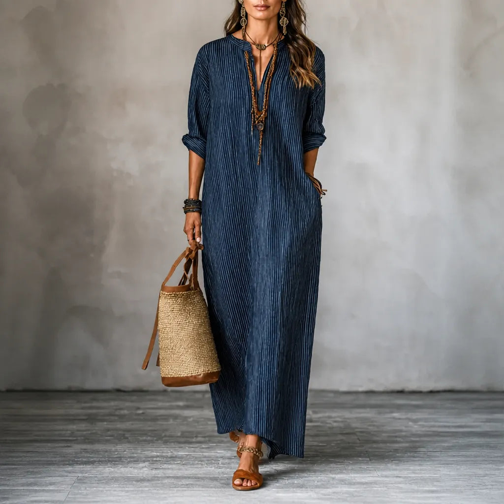 Vestara – Boho Striped V-Neck Maxi Dress with Pockets, Long Sleeves