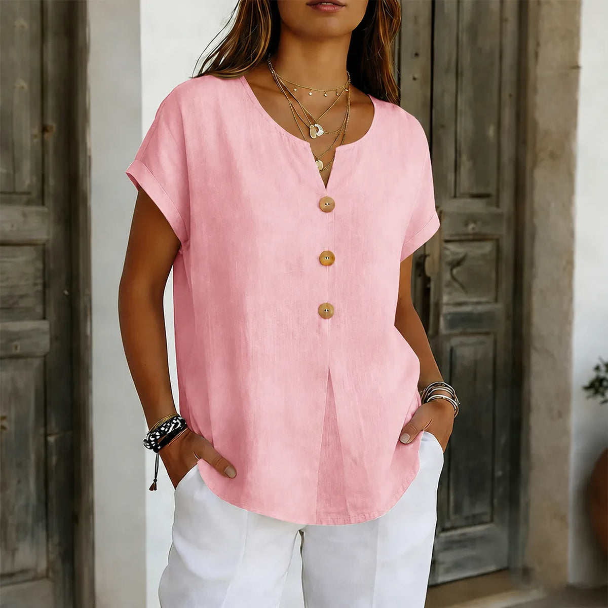 Lyneva – Linen-Look V-Neck Button Top for Women, Relaxed Casual Short-Sleeve Blouse