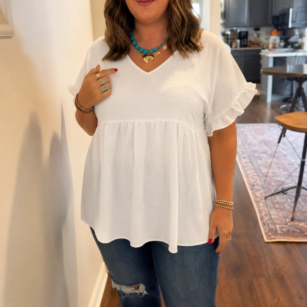 Vivelyn – Flowy V-Neck Babydoll Blouse with Flutter Sleeves