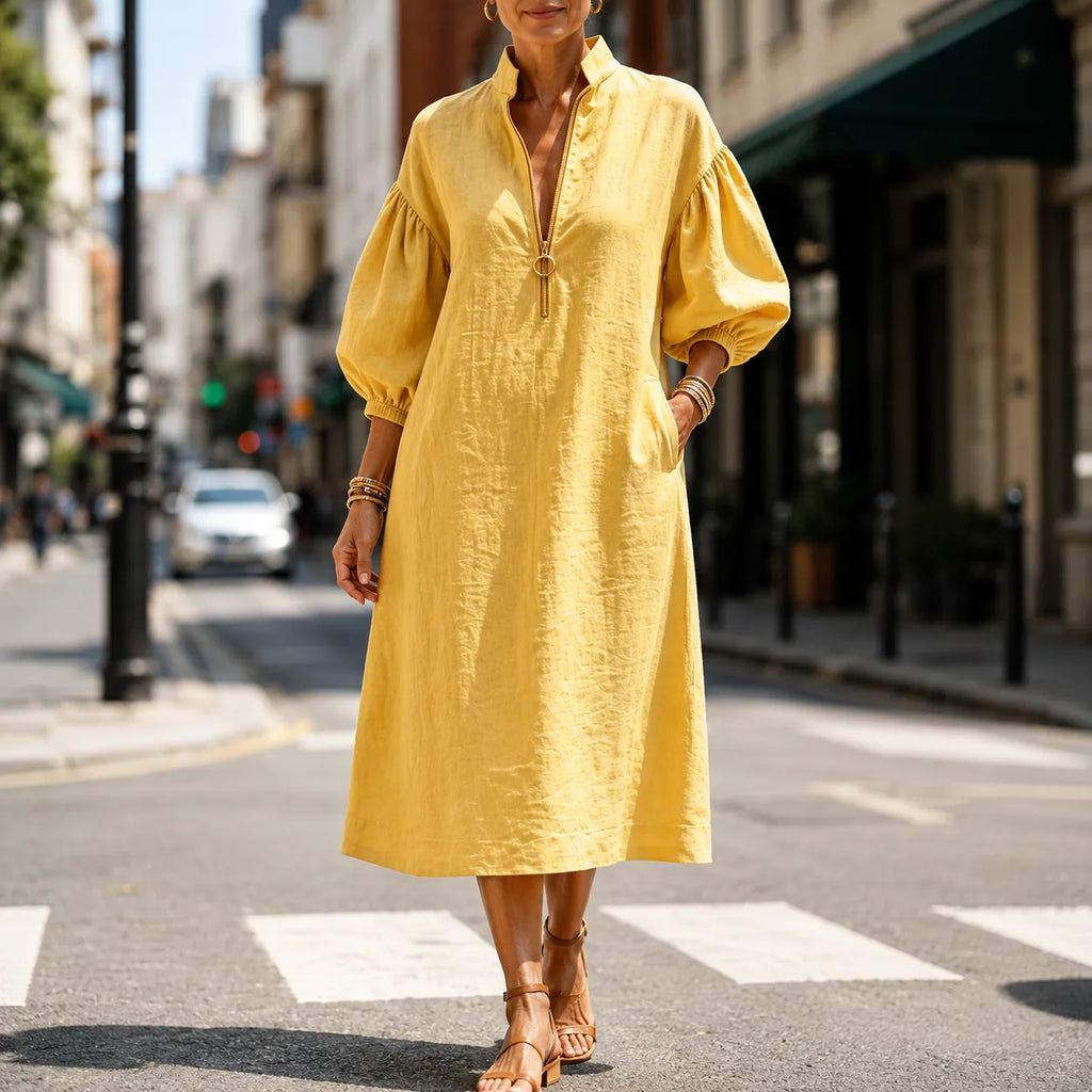 Solvana – Half-Zip Puff Sleeve Loose Midi Dress with Pockets