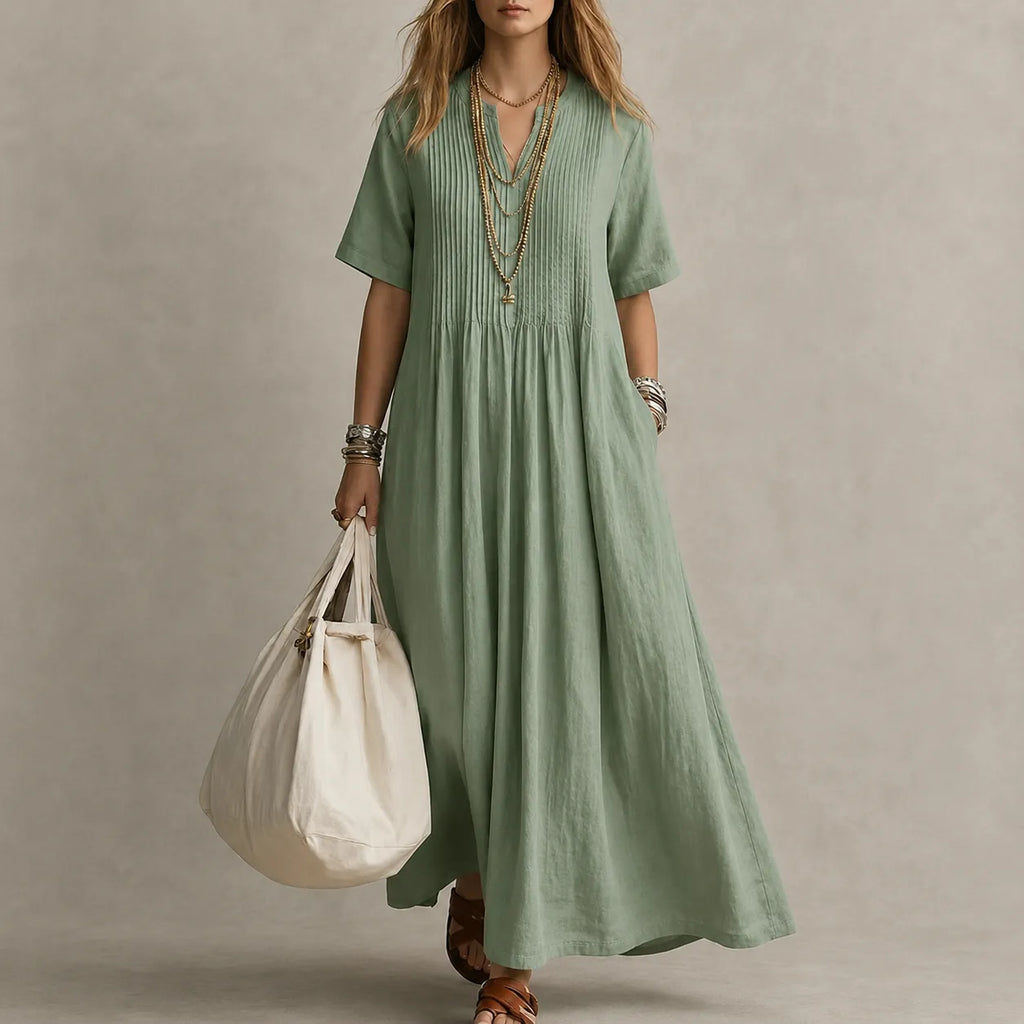 Lunavia – Pleated V-Neck Maxi Dress with Pockets