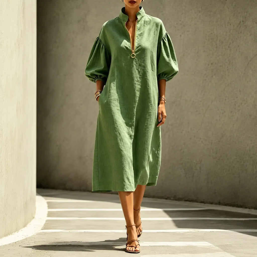 Solvana – Half-Zip Puff Sleeve Loose Midi Dress with Pockets