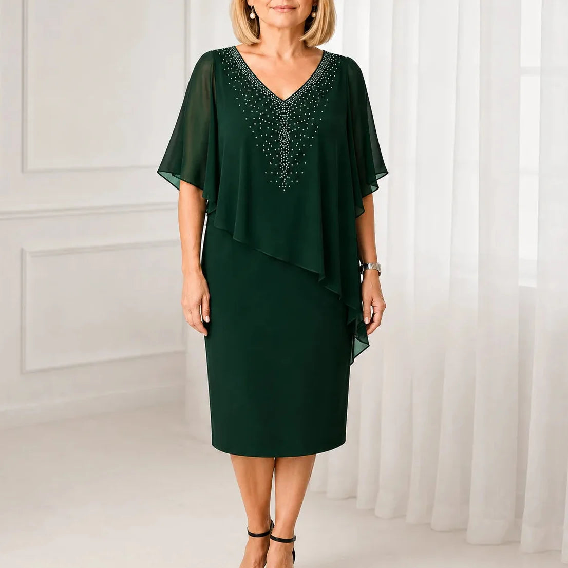 Velora – Rhinestone Look V-Neck Chiffon Like Cape Midi Dress