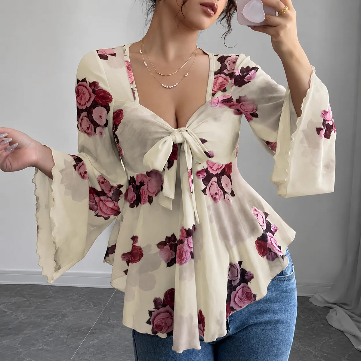 Roselyn – Floral tie-front bell sleeve mesh blouse