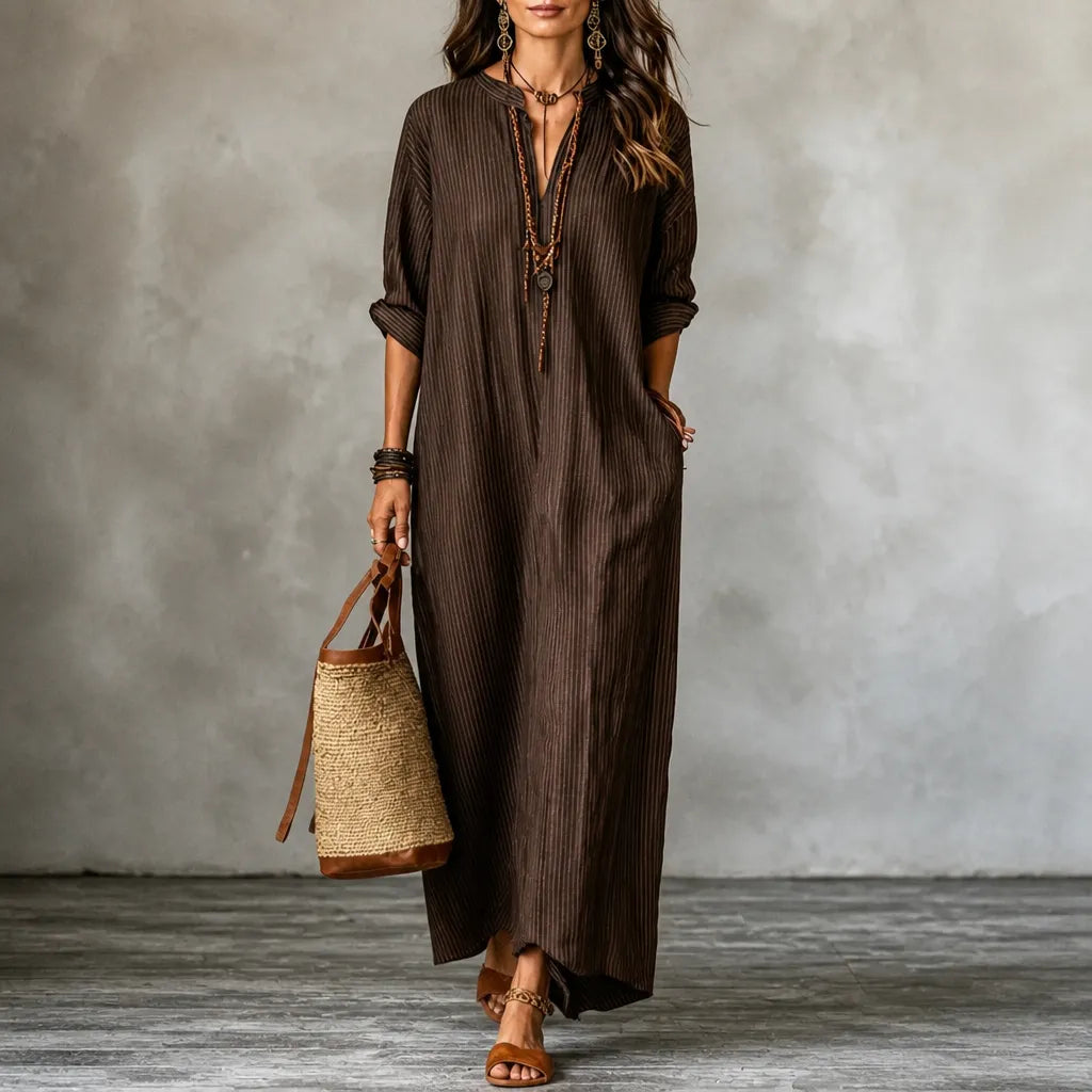 Vestara – Boho Striped V-Neck Maxi Dress with Pockets, Long Sleeves