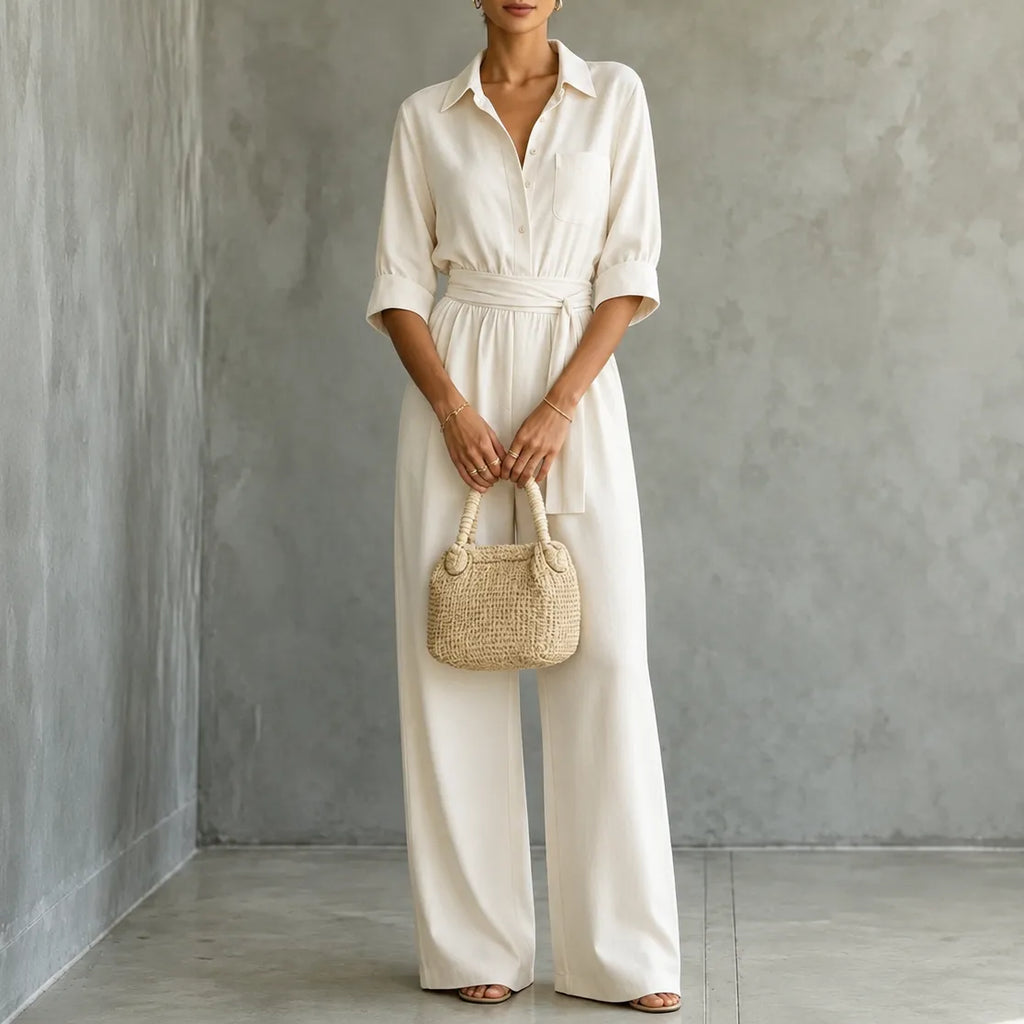 Solene – Belted Wide-Leg Shirt Jumpsuit with Tie Waist