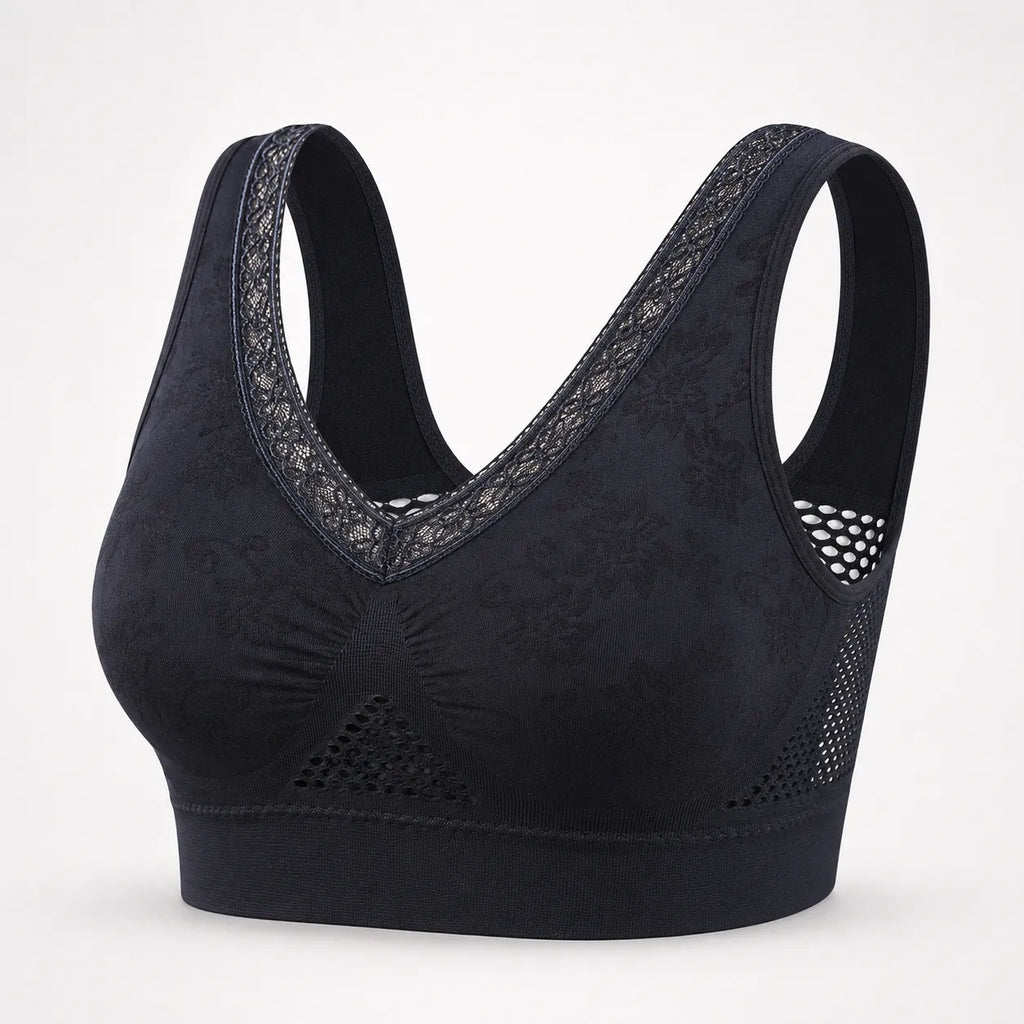 Aluvelle – Wireless Lift Bra with Breathable Mesh & Lace-look V-Neck