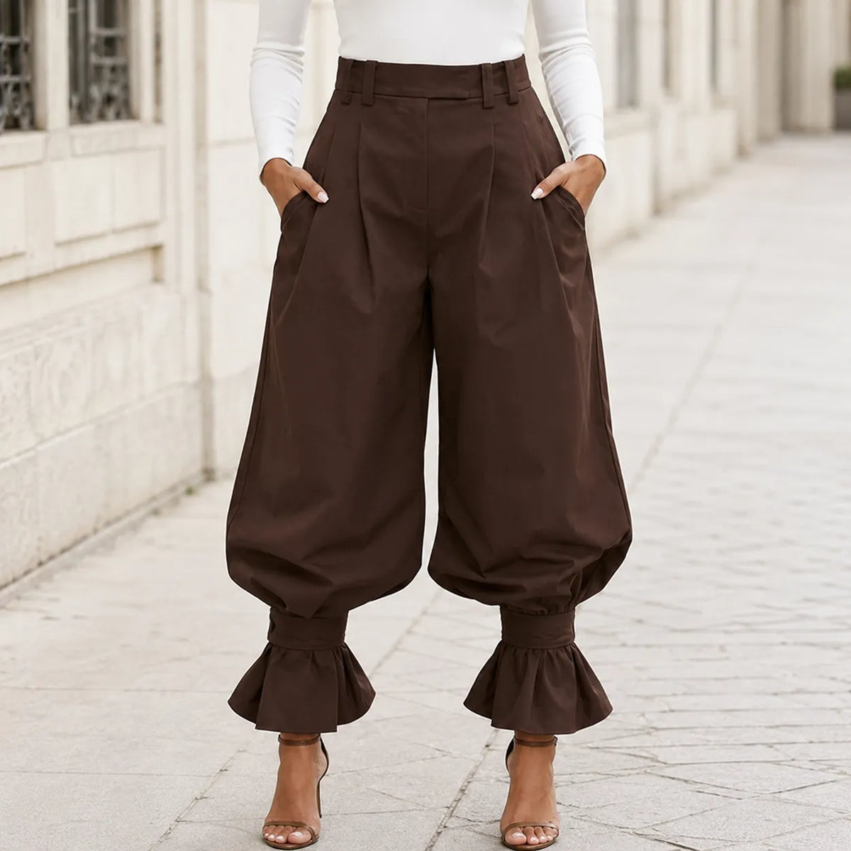 Verona – High Waist Pleated Lantern Pants with Ruffled Cuff