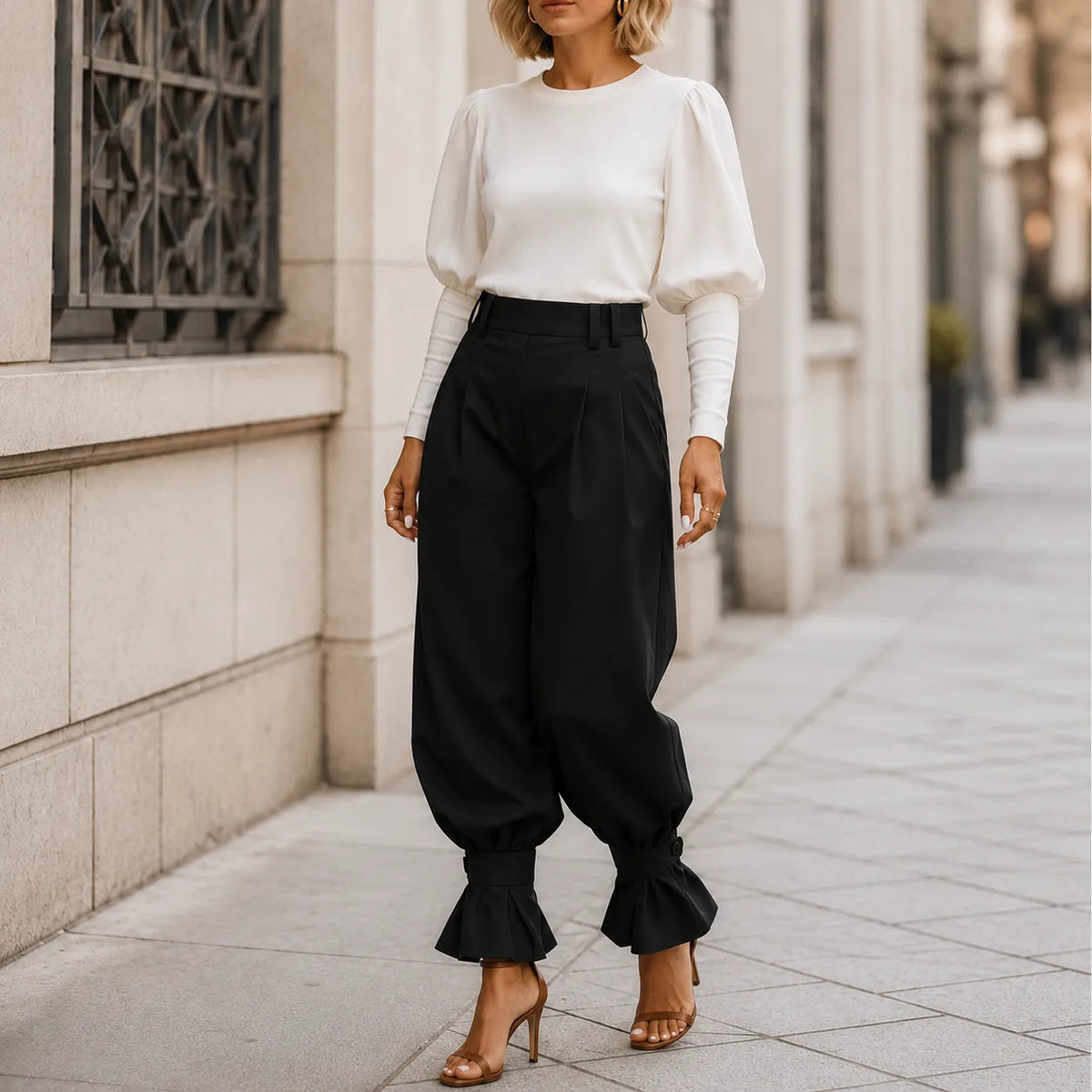 Marlow – Pleated Lantern Wide-Leg Trousers with Bow Cuffs