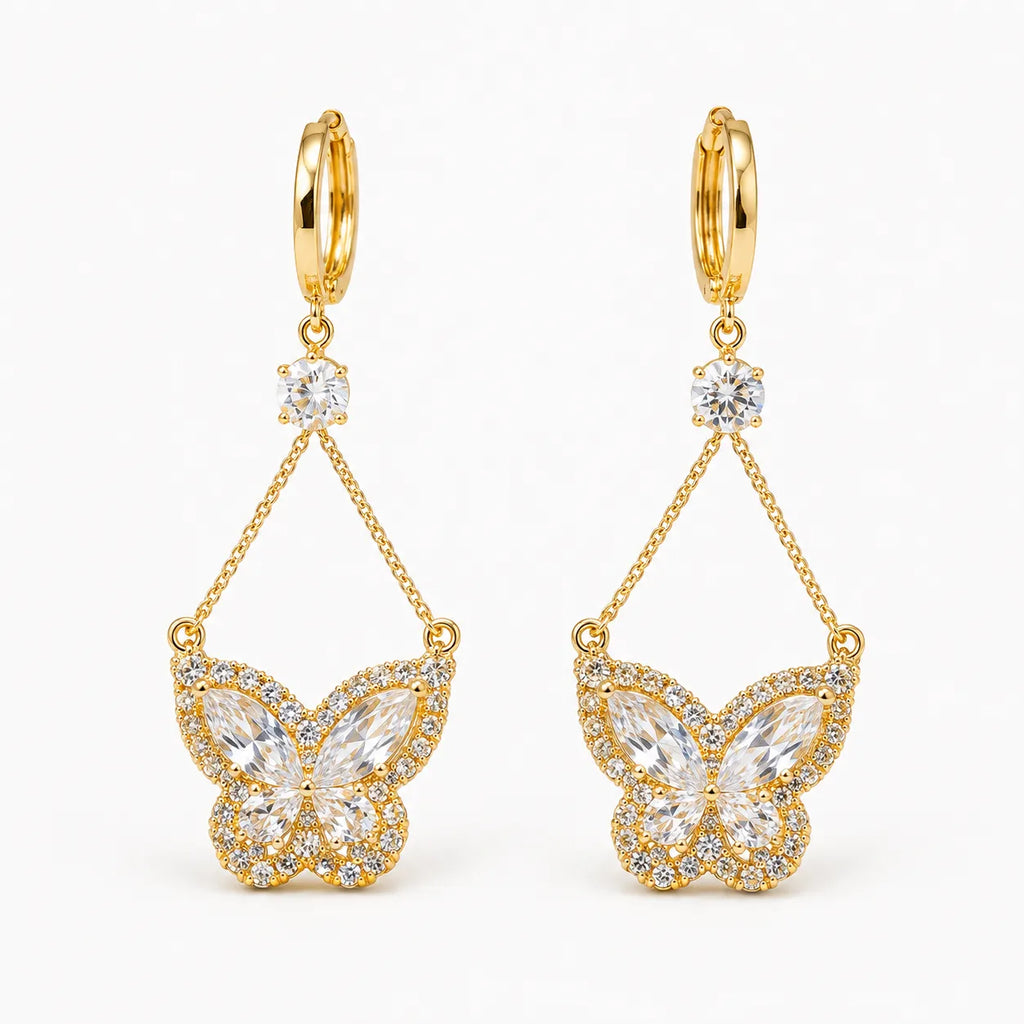Papillore – Sparkling butterfly drop earrings, gold-tone cubic zirconia, delicate everyday elegance