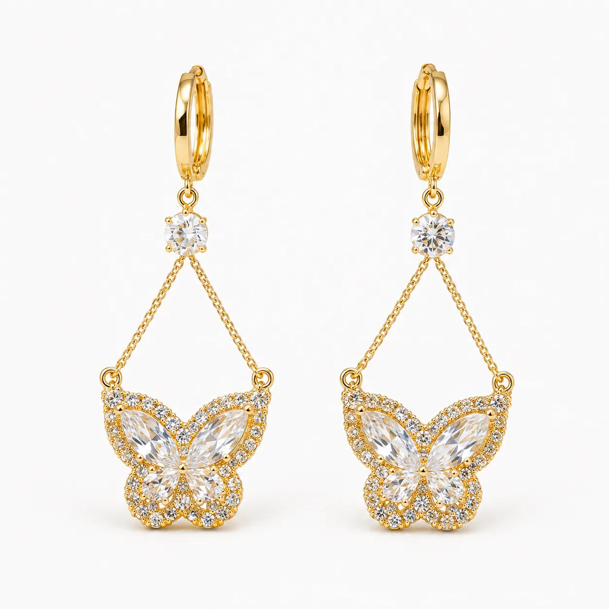 Papillore – Sparkling butterfly drop earrings, gold-tone cubic zirconia, delicate everyday elegance