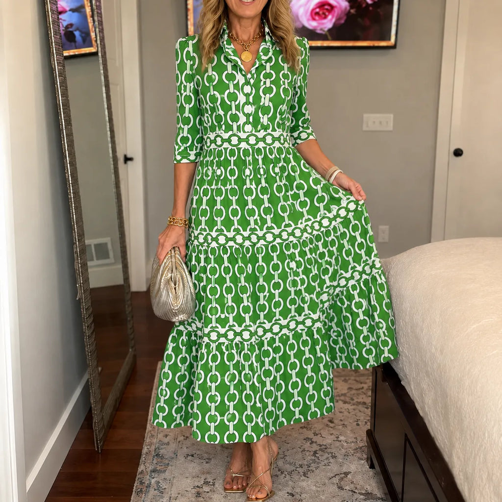 Verella – Chain-Print Tiered Maxi Dress with Pockets & V-Neck