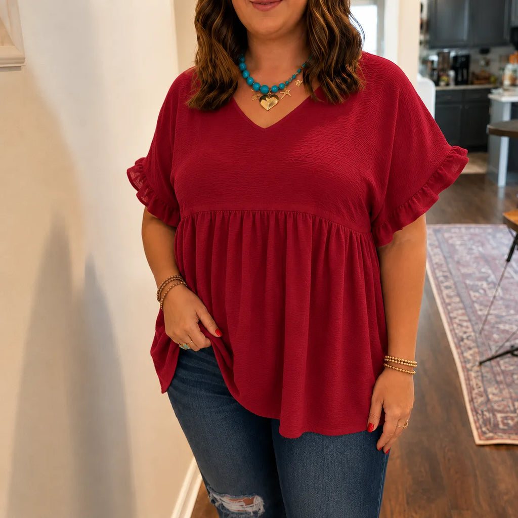 Vivelyn – Flowy V-Neck Babydoll Blouse with Flutter Sleeves