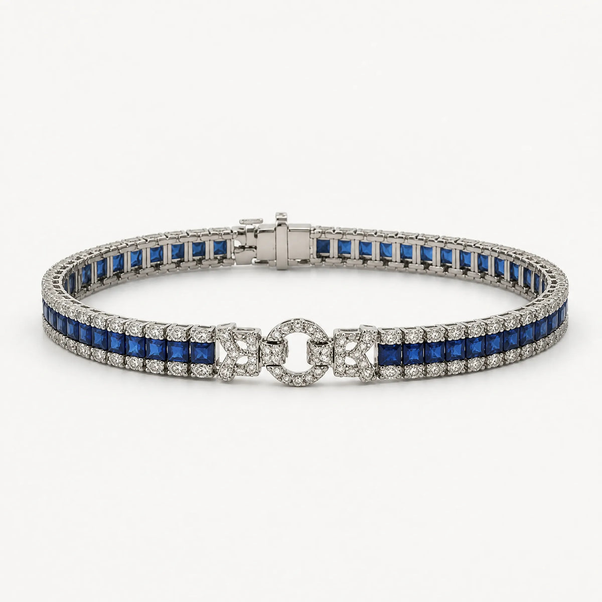 Sereva – Art Deco Sapphire Look Tennis Bracelet with Diamond-Look Clasp, Silver-Tone