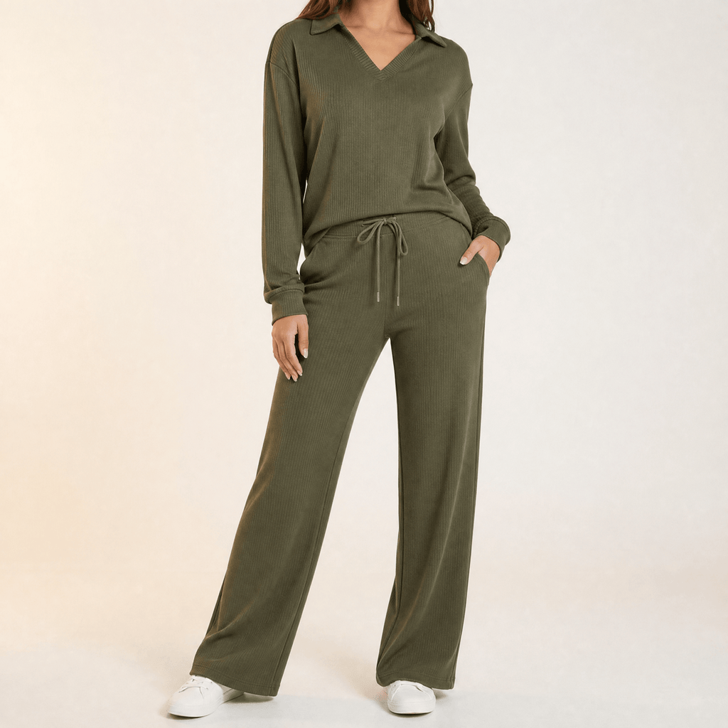 Velaire – V Neck Blouse and Wide Leg Pants Set