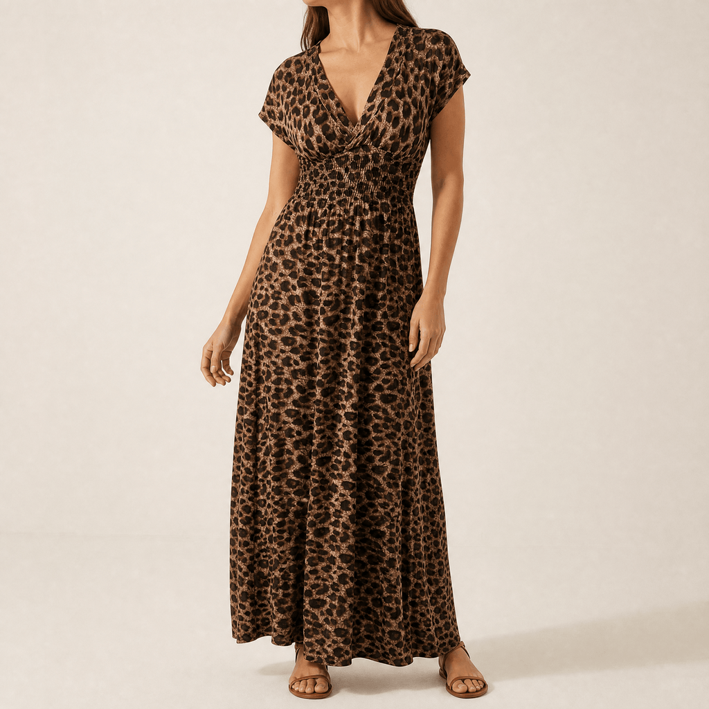 Vivara – Ruched Waist Leopard Maxi Dress