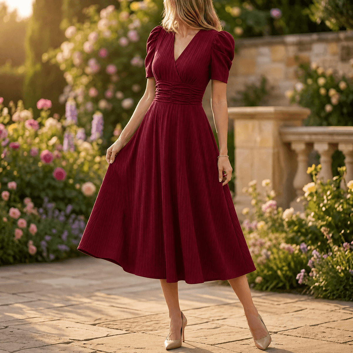 Vivella – Women's elegant puff sleeve midi dress